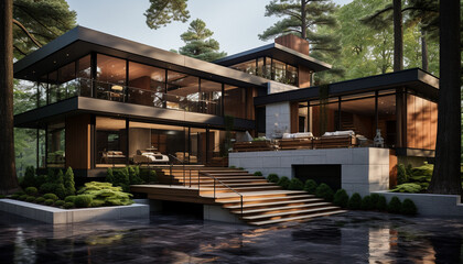 Fototapeta premium Modern architecture illuminates the night with elegance and luxurious flooring generated by AI
