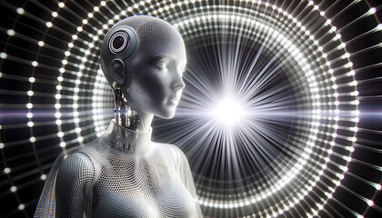 Ultra-realistic illustration of a robotic AI woman robot made of white mesh , standing in a futuristic environment. A radiant light source positioned direc