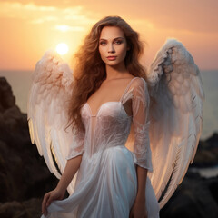 The beautiful girl with wings on seacoast. A girl in a sexy suit with huge white wings. - 662783107