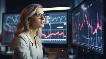 Woman working finance trade manager analyzing stock future market.