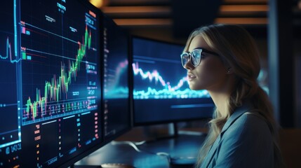 Woman working finance trade manager analyzing stock future market.