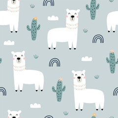 Obraz premium cartoon animal background for kids seamless pattern baby with llama and cactus Children's style hand drawn design. Used for fabric, textile, wallpaper printing, decoration.