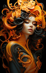 Awesome Oil Pianting of A Portrait of Abstract Women in Style of Dark Yellow and Orange Dress Cotemporary Background