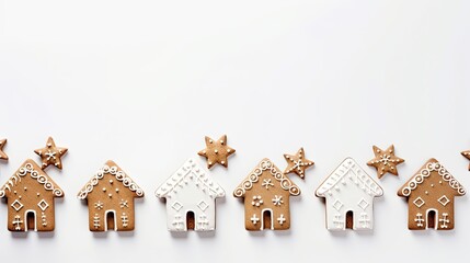Christmas flat lay with gingerbread houses and cinnamon star cookies, white background with copy space, xmas decoration top view, ai generated  - obrazy, fototapety, plakaty