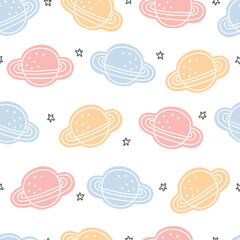 Space background for kids planet seamless pattern design in cartoon style Used for prints, wallpaper, decorations, textiles, vector illustrations.