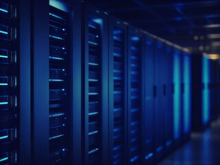 Reander farm facility. Server racks in data center. Modern server room for cloud computing.