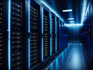 Modern server room for cloud computing. Server racks in data center. Cloud storage facility