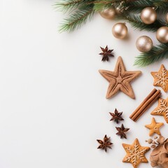 Christmas flat lay with fir branches and cookies, white background with copy space, xmas decoration top view, ai generated 