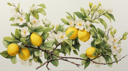 Fruit tree branch watercolor illustration on cotton paper. Very soft colors