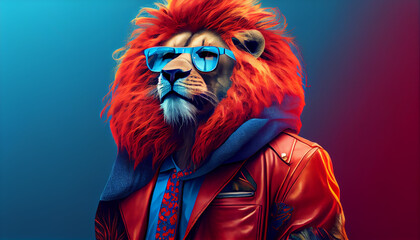 Cool looking Lion wearing funky fashion dress - bright red jacket, vest, sunglasses. Wide blue banner with space for text right side. Stylish animal posing as supermodel