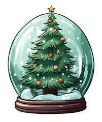Christmas tree pine covered in snow contained within a sphere glass bottle cartoon vector style on isolated background