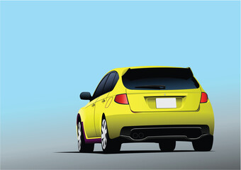 Yellow car sedan on the road. Vector 3d illustration
