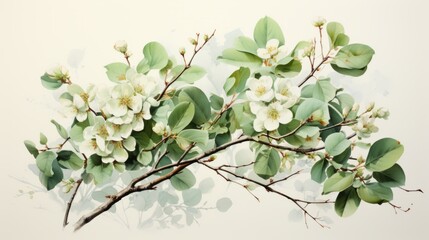 Fruit tree branch watercolor illustration on cotton paper. Very soft colors - obrazy, fototapety, plakaty