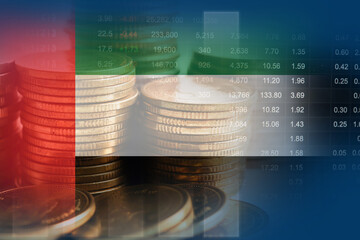 United Arab Emirates flag with stock market finance, economy trend graph digital technology.