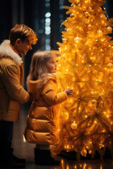 Bruder und Schwester vor einem Christbaum