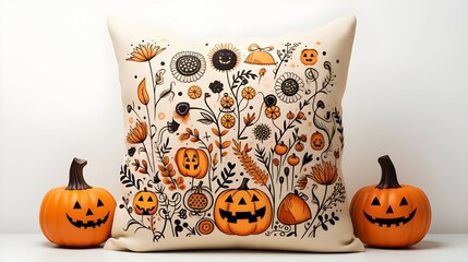 Halloween Pattern pillow mock up on white background,vintage, Generative AI