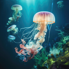 Amazing of a majestic neon and fluorescent jellyfish
