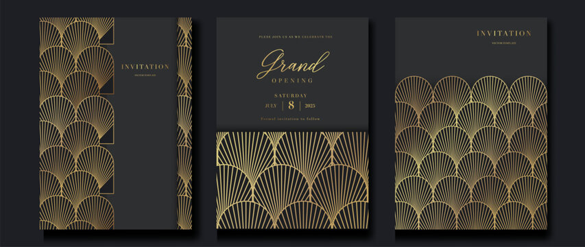Luxury invitation card background vector. Golden elegant geometric shape, gold line gradient on dark background. Premium design illustration for gala card, grand opening, party invitation.