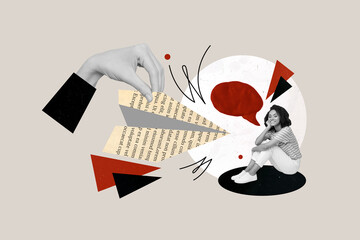 Creative composite illustration photo collage of dreamy woman chatting with friends in social media isolated on drawing background