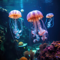 Fototapeta na wymiar Luminous jellyfish swim deep in the blue sea jellyfish neon jellyfish fantasy water long strings