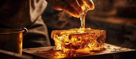 An experienced refiner pouring molten metal from a crucible into a mold With copyspace for text