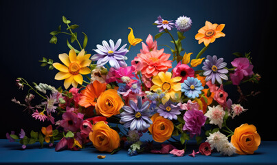 Still life of flowers. Vibrant bouquet of wildflowers in a vase on a table.