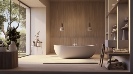 Fototapeta na wymiar A tranquil bathroom with a freestanding tub and soft neutral tones