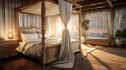 A tranquil bedroom featuring a four-poster canopy bed