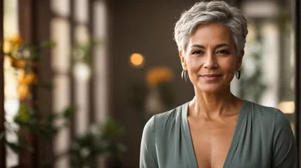 Foto op Aluminium portrait of a latin mature woman with short hair smiling beautiful looking at camera, beautiful soft and smooth skin, space fot text © anandart