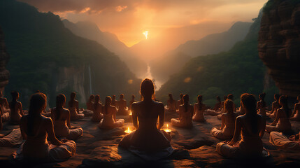 Group of People Doing Yoga in a Scenic Location - obrazy, fototapety, plakaty