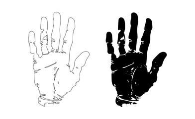 Handprint of person. Impression of man or woman hand. Silhouette, outline. Human palm icon. Vector isolated on white. Design, printing, illustration, textile, card, poster, banner.