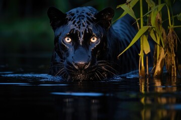Mysterious black jaguar in the jungle crossing the river