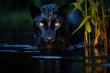 Gordijnen Mysterious black jaguar in the jungle crossing the river © Lubos Chlubny