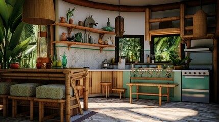 Fototapeta na wymiar A tropical kitchen with bamboo details and vibrant greenery