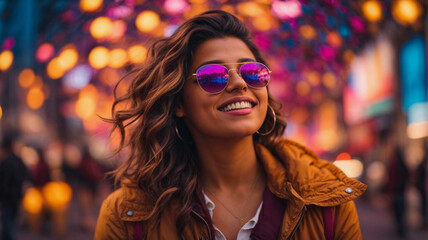 Colorful portrait of happy young blonde woman having fun smiling on the street, party concept, space for text