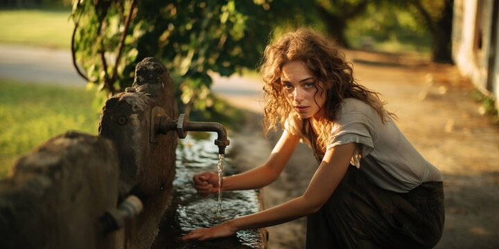 Hipster young girl satisfies thirst, substituting hands under the water pump in the village , concept of Sustainability