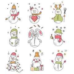Set of funny snowmen. Doodle illustration. Design for cards or Christmas stickers. Hello winter