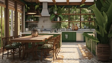 Fototapeta na wymiar A tropical oasis kitchen with palm leaf prints and rattan furniture