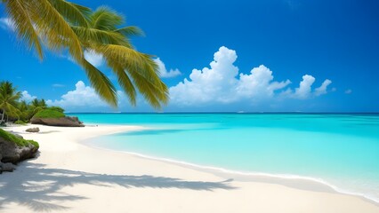 Fototapeta na wymiar Beach with palm trees. Beautiful beach with crystal clear water.