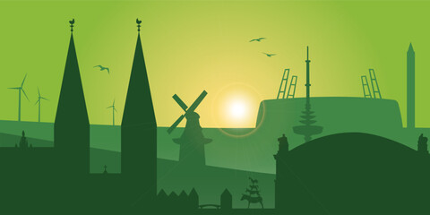 Silhouette of the city of Bremen for a background with sights (green)