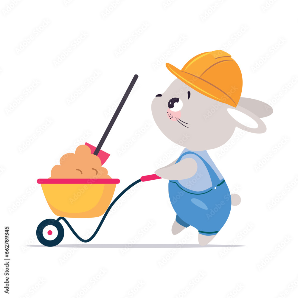 Poster bunny builder character push wheelbarrow with shovel vector illustration