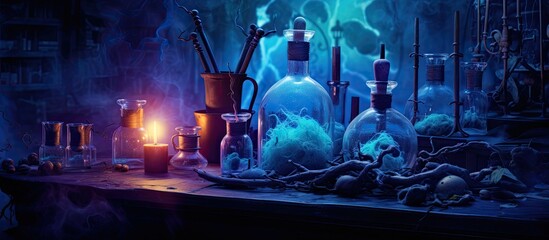 Halloween themed lab with blue light and magical potion for witches With copyspace for text - obrazy, fototapety, plakaty