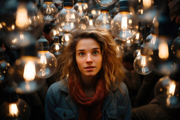 Frau mit vielen Glühbirnen ringsum