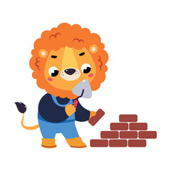 Lion Builder Character Laying Bricks with Palette Knife Vector Illustration