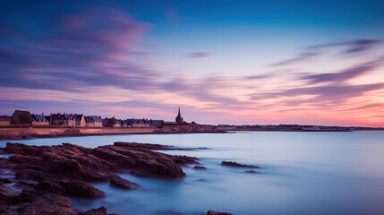 petit village de bord de mer au moment du couch&eacute; du soleil, pose longue, ciel nuageux