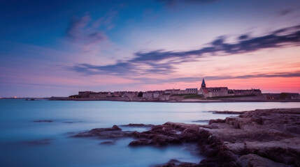 petit village de bord de mer au moment du couch&eacute; du soleil, pose longue, ciel nuageux