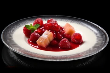 Plate dessert fruit sauce rasp. Generative AI
