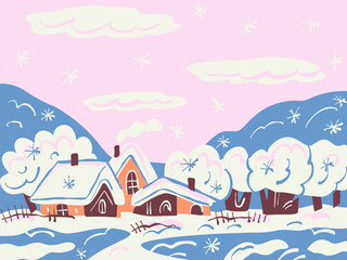 Fototapeta na wymiar Winter landscape with a village.