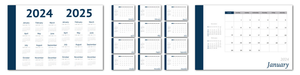 Vector calendar for 2024 in minimalist style. Corporate and business calendar in blue color. The week starts on Sunday.