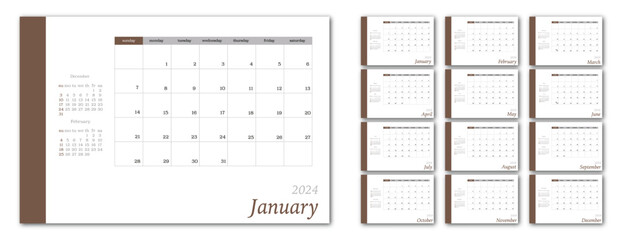 Vector calendar for 2024 in minimalist style. Corporate and business calendar in brown color. The week starts on Sunday.